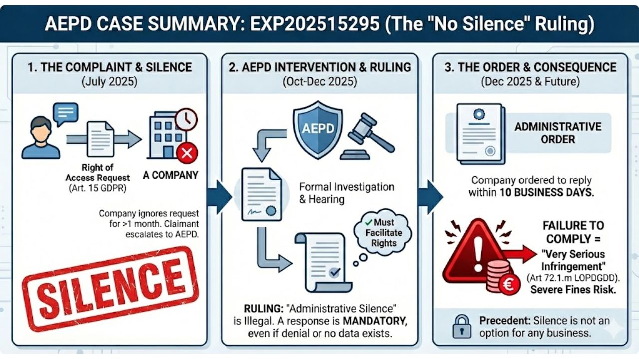 "Infographic summary of AEPD Resolution EXP202515295 establishing that administrative silence is illegal.